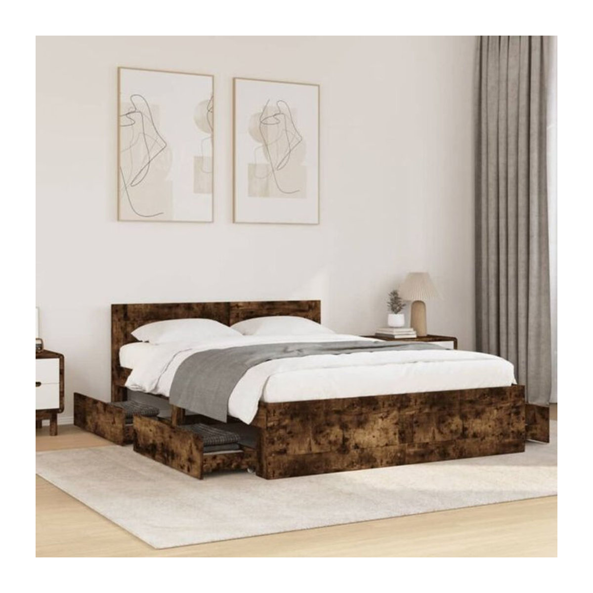 Bettgestell mit Kopfteil von vidaxl in Räuchereiche, modernes Funktionsbett aus Holzwerkstoff, B/T/H: 140 x 200 cm - Bild 1