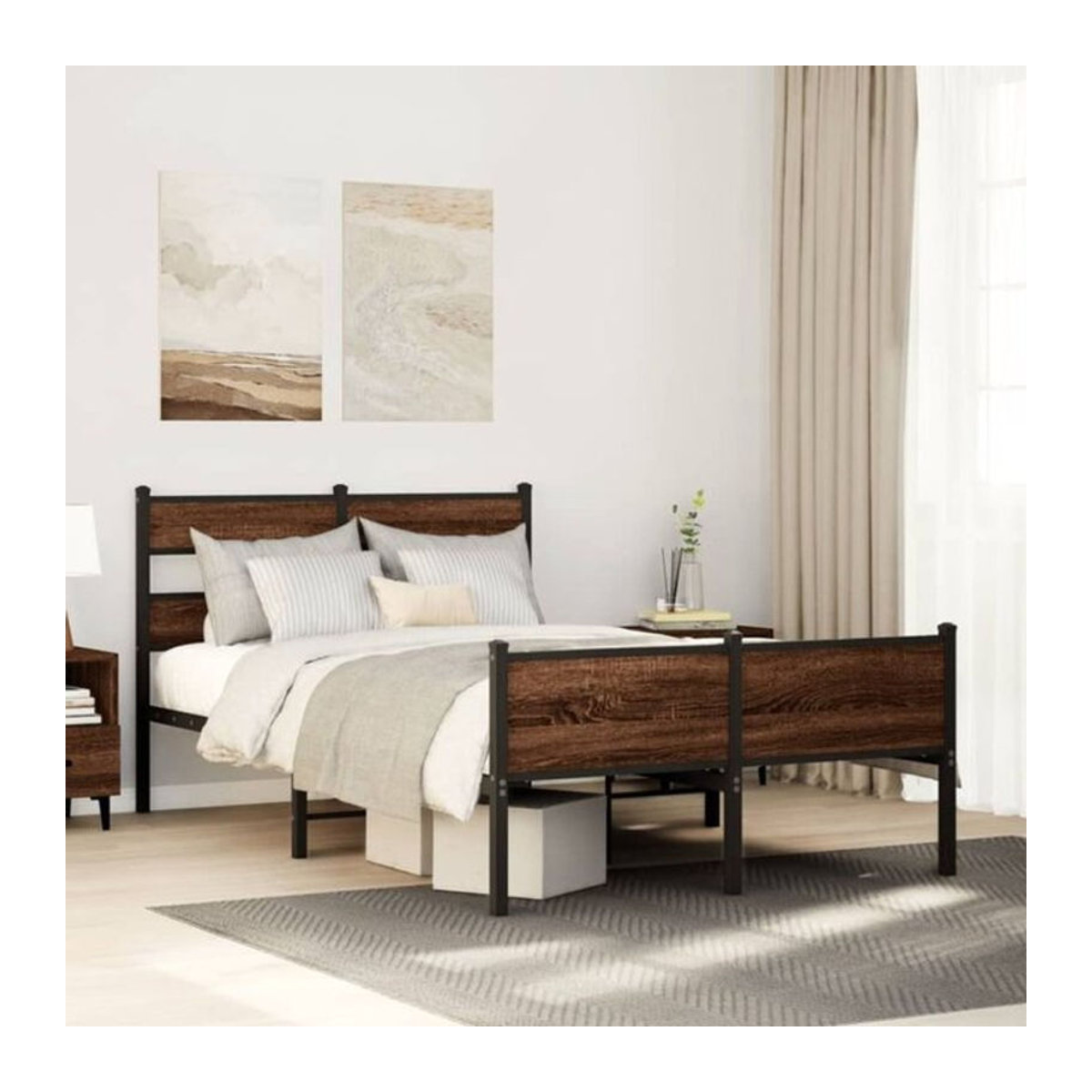 Bettgestell Vidaxl in Braun Eiche aus Holzwerkstoff und Stahl im Industrial Design, B/T/H: 120 x 190 x 91,5 cm - Bild 1