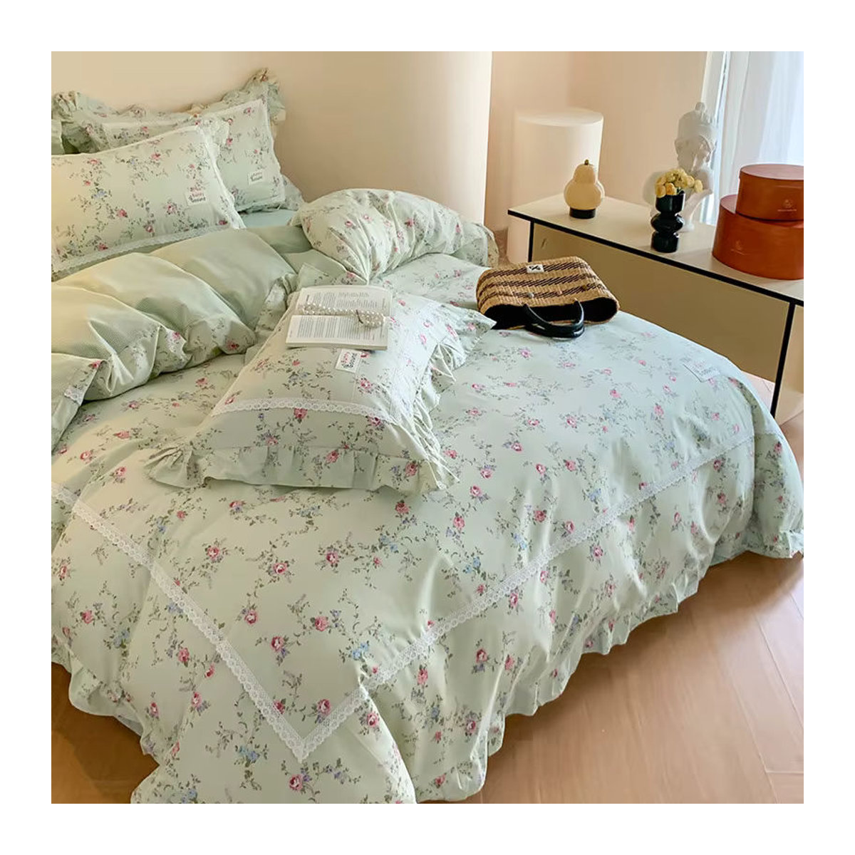 Bettwäsche-Set aus 100 % Baumwolle mit botanischem Blumenmuster und Rüschen für Doppelbett und Queen-Size inklusive 1 Bettlaken und 2 Kissenbezügen - Bild 2