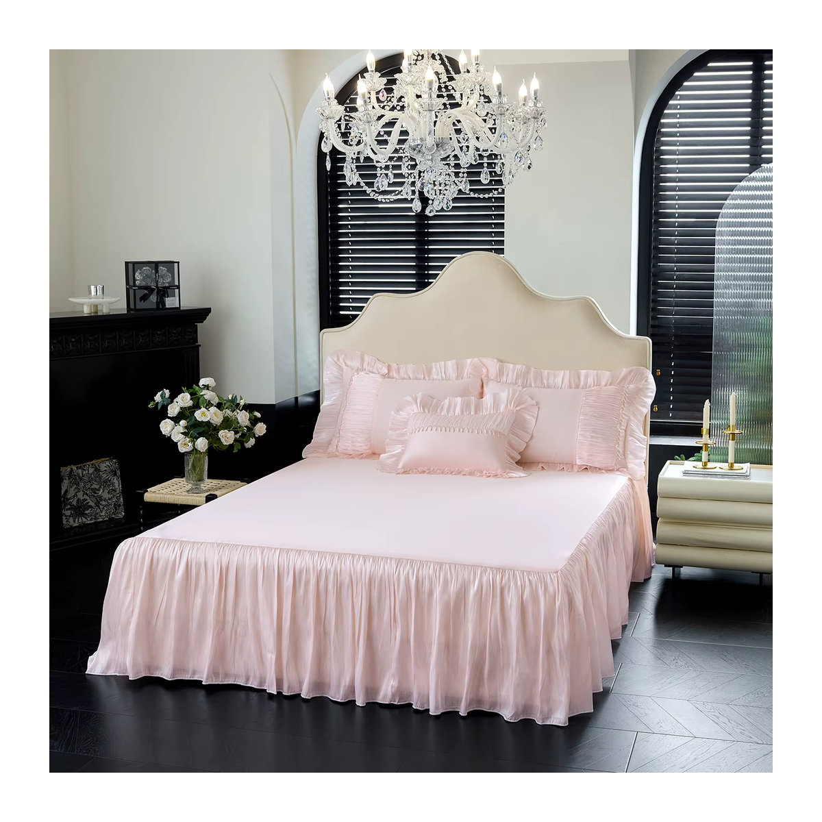 Bettwäsche-Set aus ägyptischer Baumwolle im Vintage Französischen Palast-Stil mit Plissee, Spitzenrüschen und Schleifen, 4/5-teilig, Farben: Weiß und Rosa - Bild 3