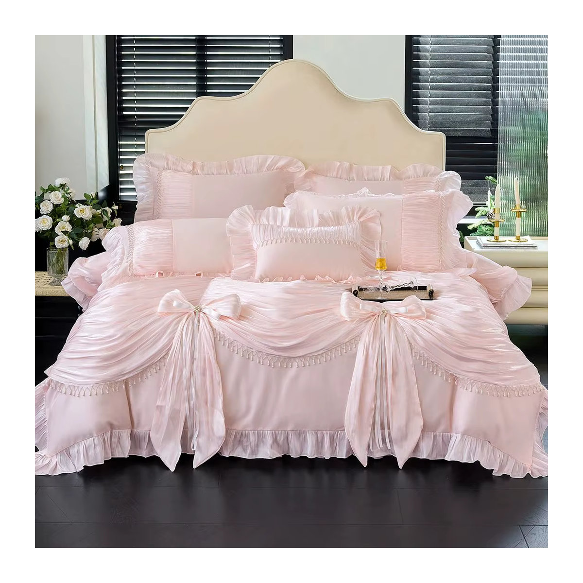 Bettwäsche-Set aus ägyptischer Baumwolle im Vintage Französischen Palast-Stil mit Plissee, Spitzenrüschen und Schleifen, 4/5-teilig, Farben: Weiß und Rosa - Bild 4