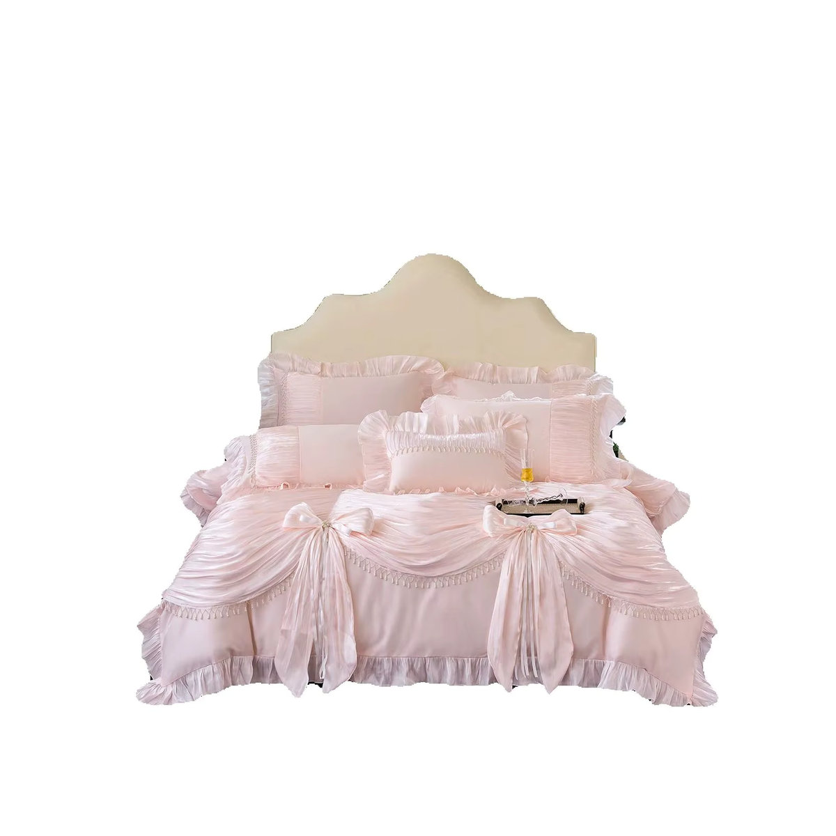 Bettwäsche-Set aus ägyptischer Baumwolle im Vintage Französischen Palast-Stil mit Plissee, Spitzenrüschen und Schleifen, 4/5-teilig, Farben: Weiß und Rosa - Bild 5