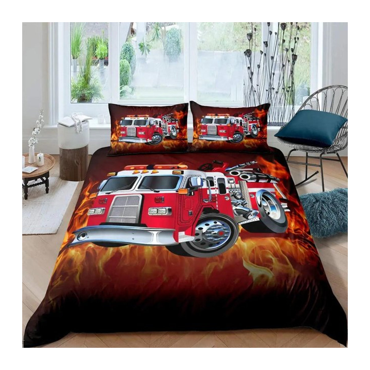 Bettwäsche Set Lodestar Feuerwehrauto in Rot für Jungen und Mädchen, Polyester Bettbezug mit Reißverschluss, B/H: 172 x 218 cm - Bild 1