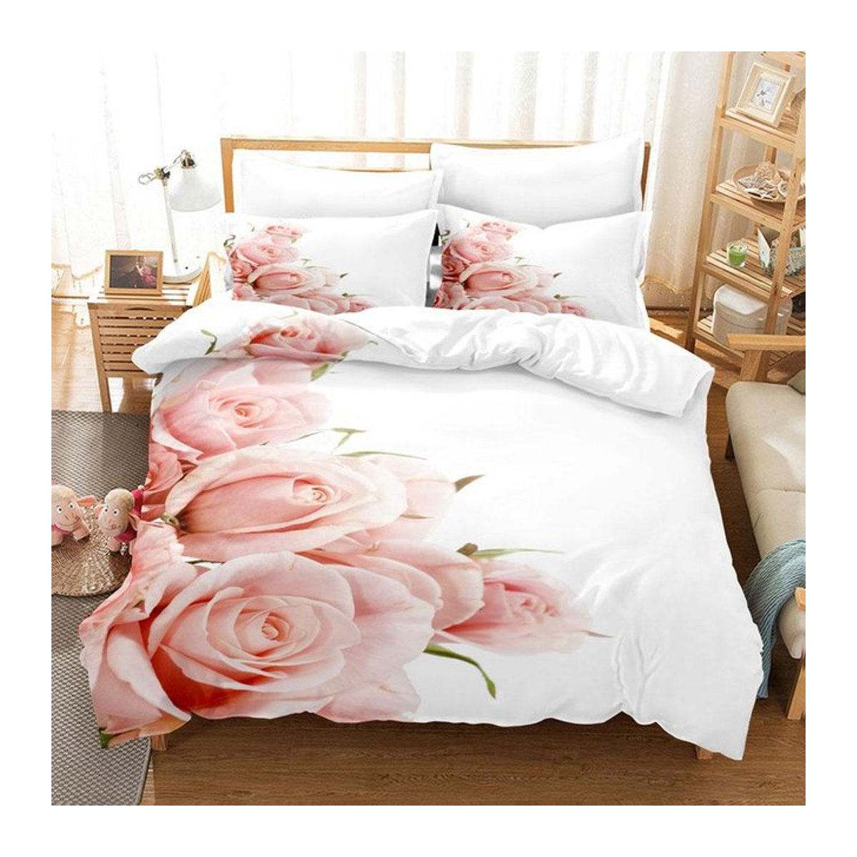 Bettwäsche-Set mit Blumenmuster von Binchi Fitness in Rosa und Weiß, bestehend aus Bettbezug und Kissenbezügen mit Reißverschluss - Bild 1