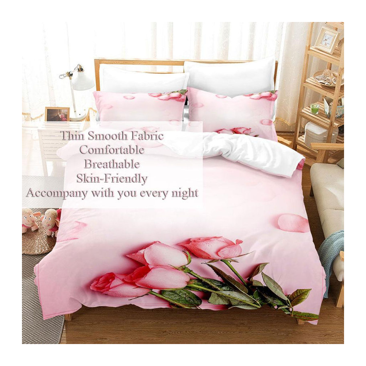 Bettwäsche-Set mit Blumenmuster von Binchi Fitness in Rosa und Weiß, bestehend aus Bettbezug und Kissenbezügen mit Reißverschluss - Bild 2