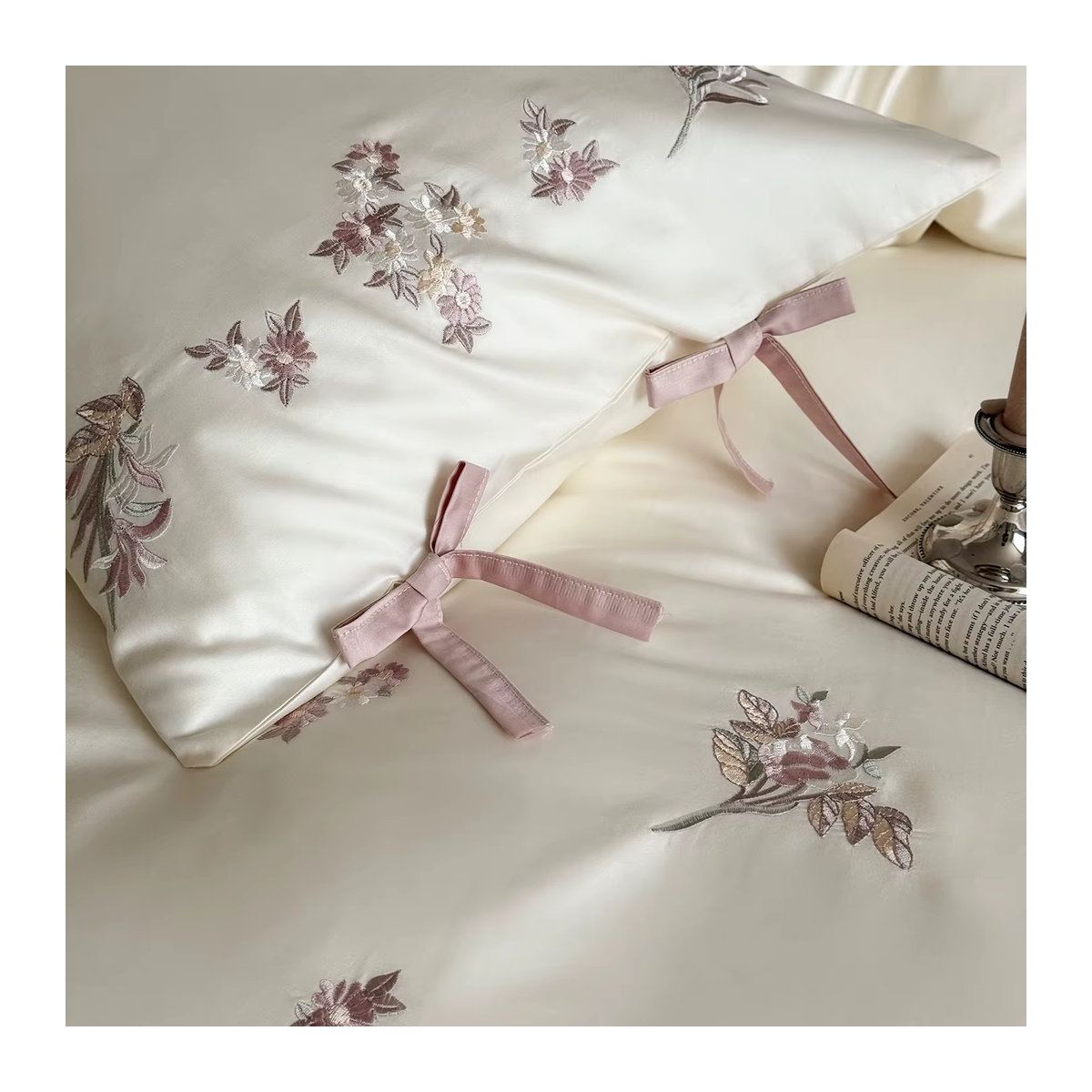 Bettwäsche Set Prinzessin mit Blumen Stickerei und Schleife aus Ägyptischer Baumwolle 600TC in Weiß inklusive Kissenbezüge und Laken - Bild 5