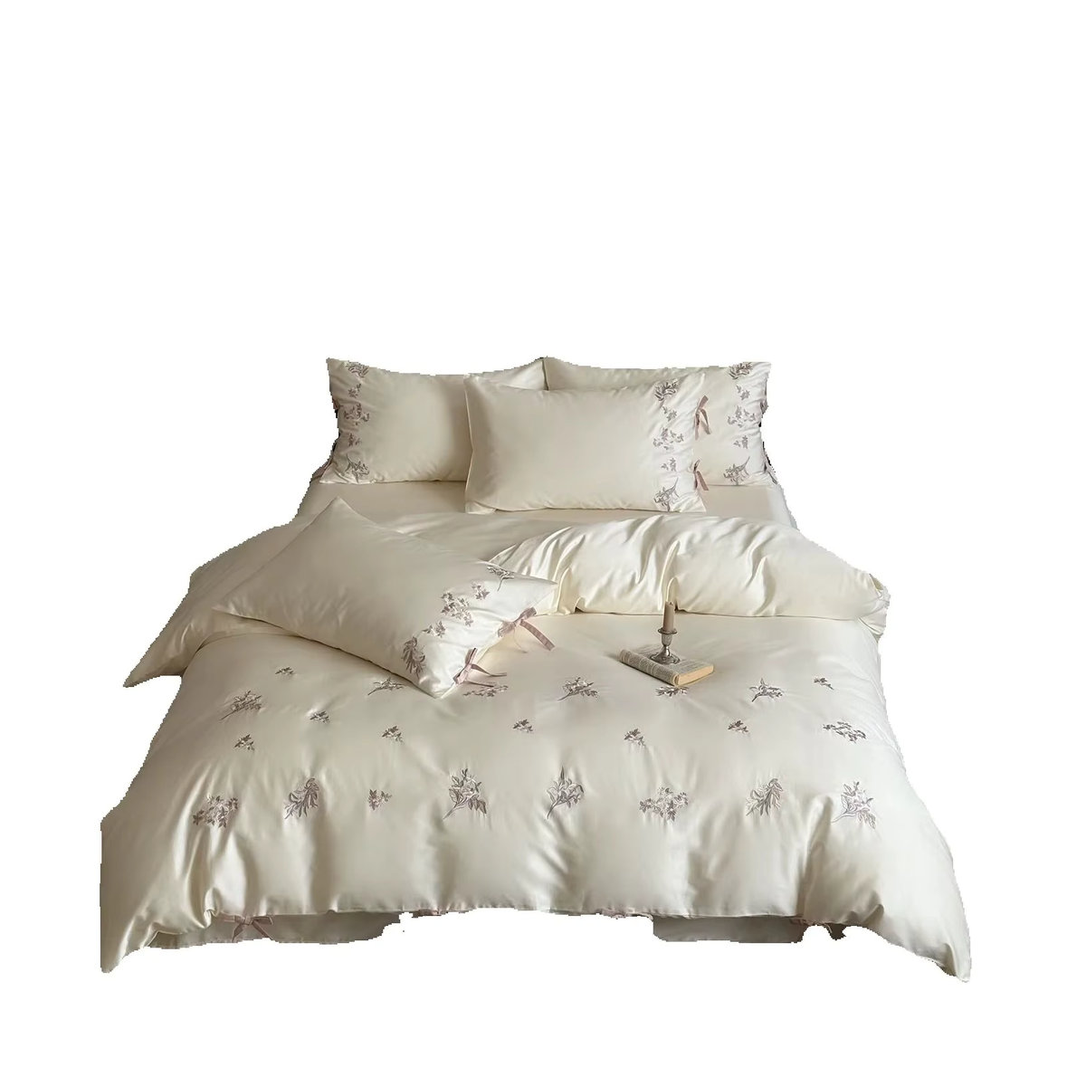 Bettwäsche Set Prinzessin mit Blumen Stickerei und Schleife aus Ägyptischer Baumwolle 600TC in Weiß inklusive Kissenbezüge und Laken - Bild 6
