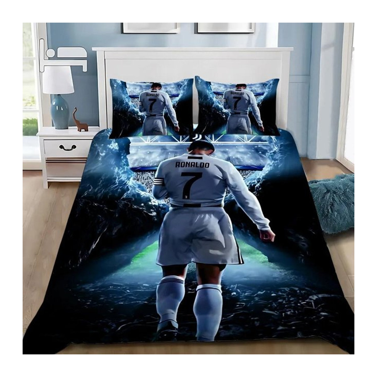 Bettwäscheset Fußball CR7 Ronaldo mit 3D-Design in Blau für Kinder und Erwachsene, bestehend aus Bettbezug und Kissenbezügen, B/H: 245 x 210 cm - Bild 1