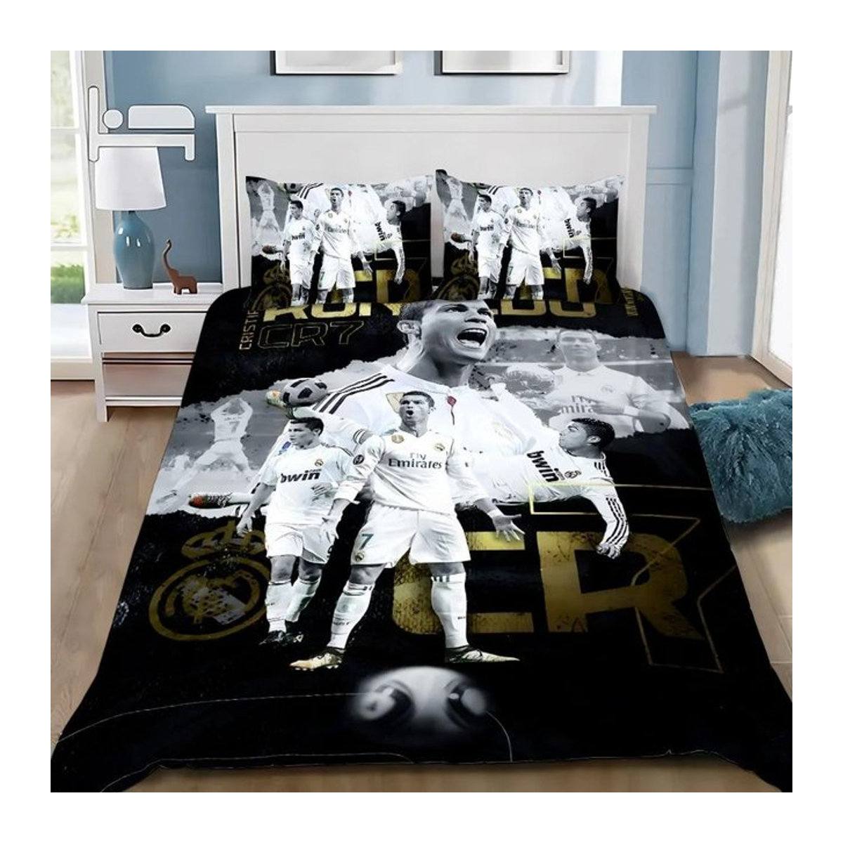 Bettwäscheset Fußball CR7 Ronaldo mit 3D-Design in Schwarz für Kinder und Erwachsene, B/H: 180 x 210 cm - Bild 1