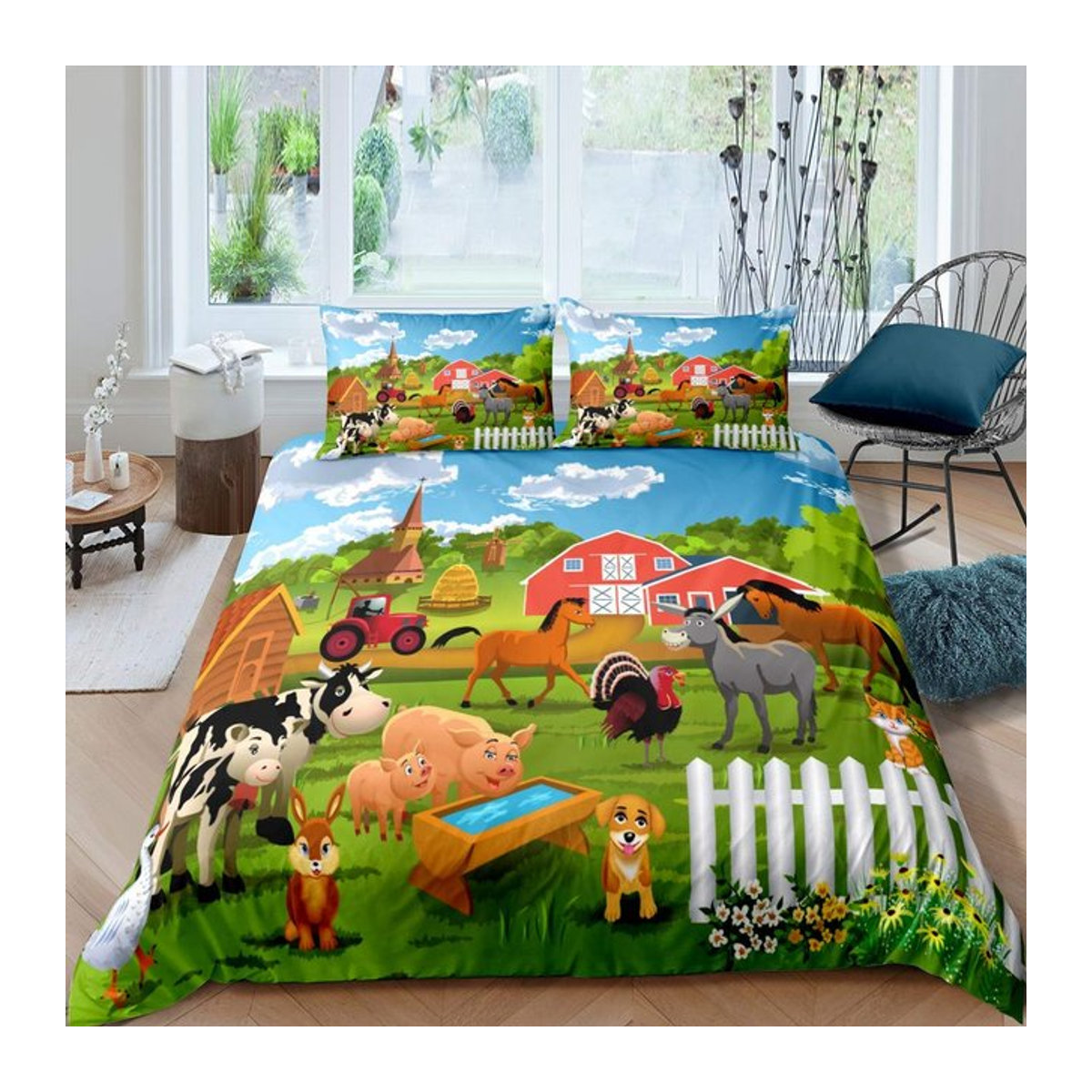 Bettwäscheset König Bauernhoftiere mit Kuh, Schwein, Ente und Schaf in Grün, Polyester, B/H: 245 x 210 cm - Bild 1