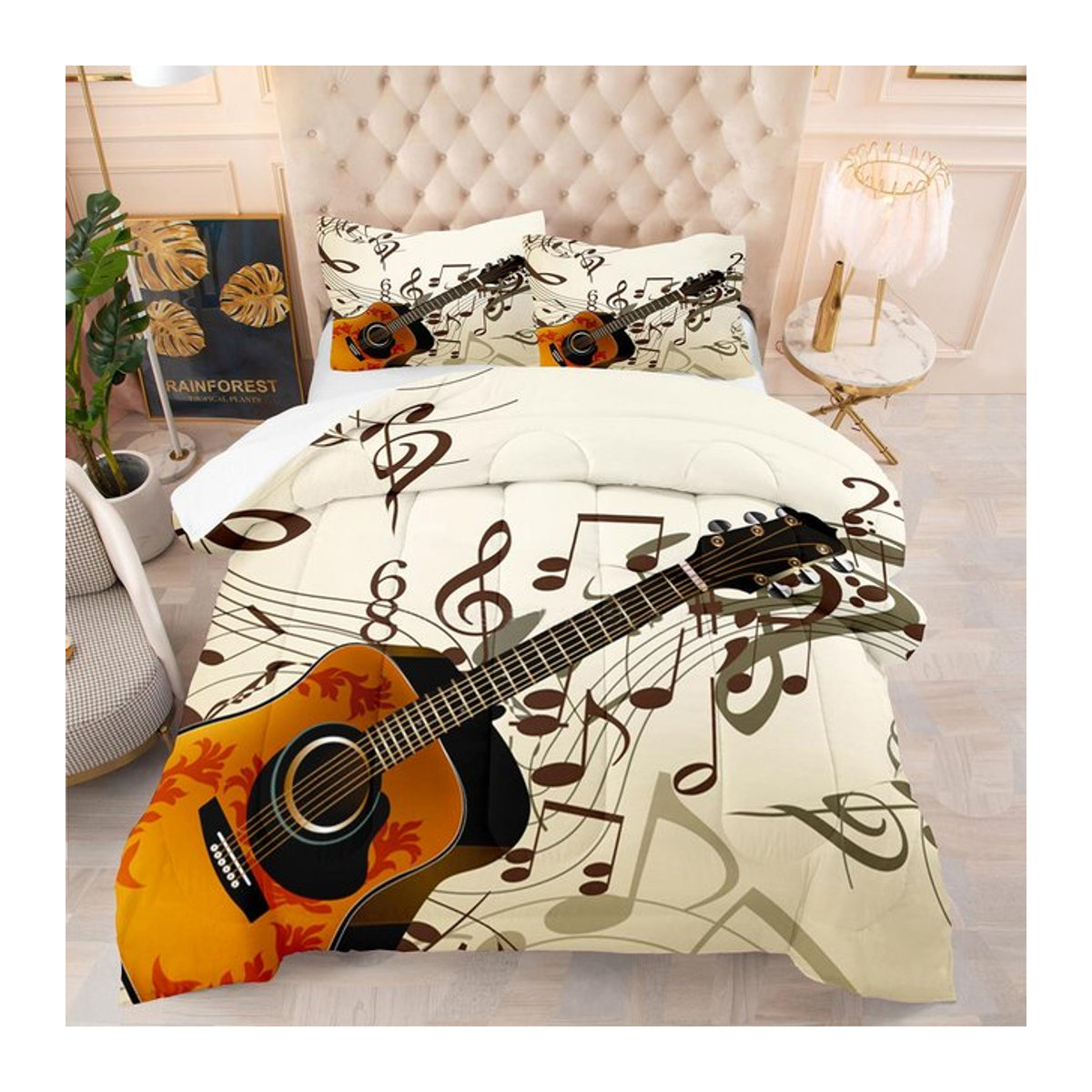 Bettwäscheset mit 3D E-Gitarre Motiv für Kinder und Jugendliche, Queen Size, Weiß, B/H: 228 x 228 cm - Bild 1
