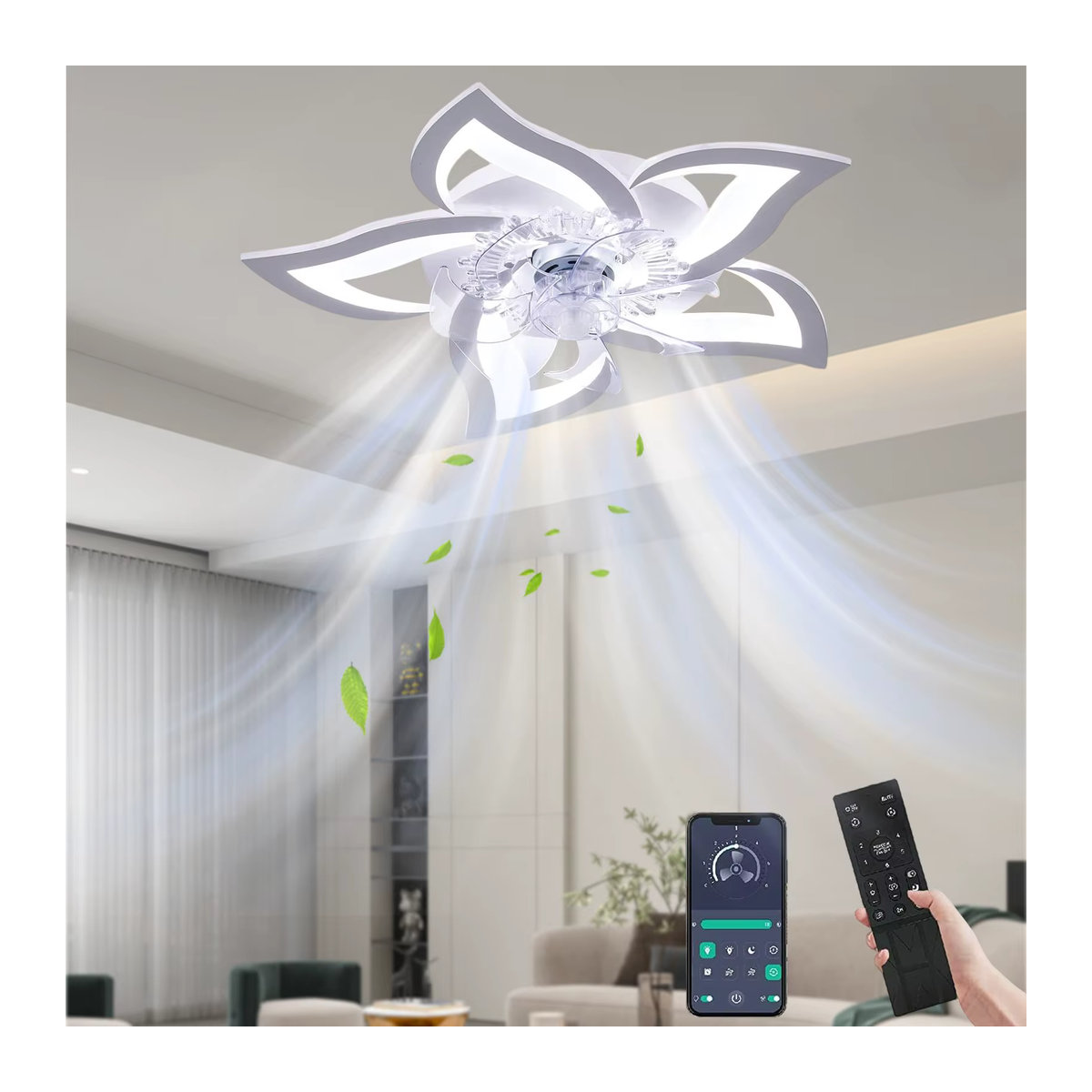 Betuyoo Lotus-Deckenventilator mit LED-Beleuchtung in Weiß, moderner Kronleuchter für Wohnzimmer, Esszimmer, Schlafzimmer und Küche - Bild 6