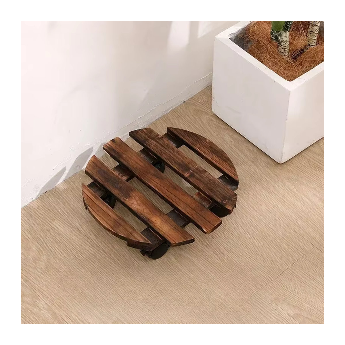 Beweglicher Blumenständer aus Massivholz in Braun mit Universalrädern und quadratischem Tablett für Bonsai und Blumentöpfe - Bild 5