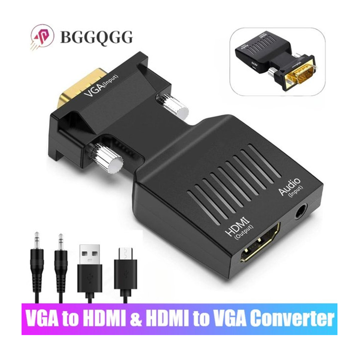 BGGQGG VGA zu HDMI Adapter Konverter für PC und Laptop zu HDTV und Projektor, 1080P, Schwarz - Bild 1