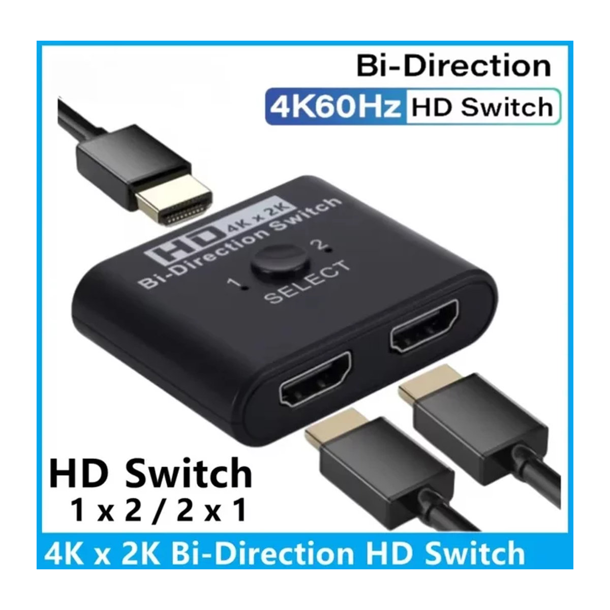 Bidirektionaler HDMI Schalter 2x1 Splitter 4K 60Hz Schwarz mit 2 Ports für PC, Laptop, Monitor, TV und Projektor - Bild 1