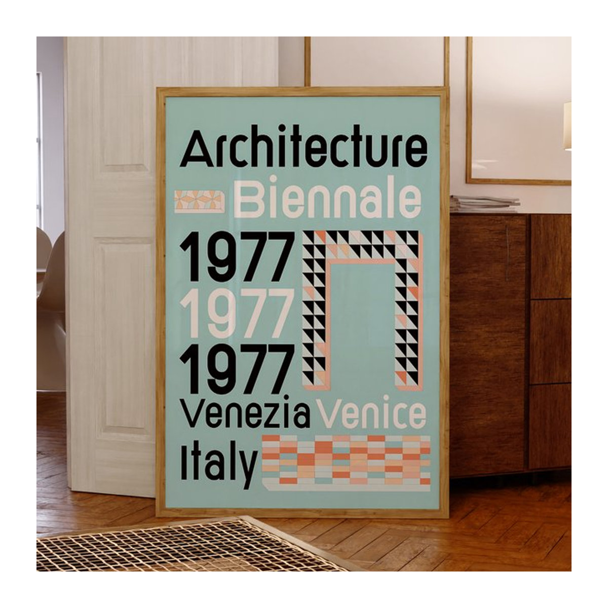 Bienenstock 1977 Wandkunst mit Aluminiumrahmen, Modernes Retro-Architektur Leinwandgemälde in Hochformat, Mehrfarbiges Poster mit Typografie und geometrischem Design - Bild 1