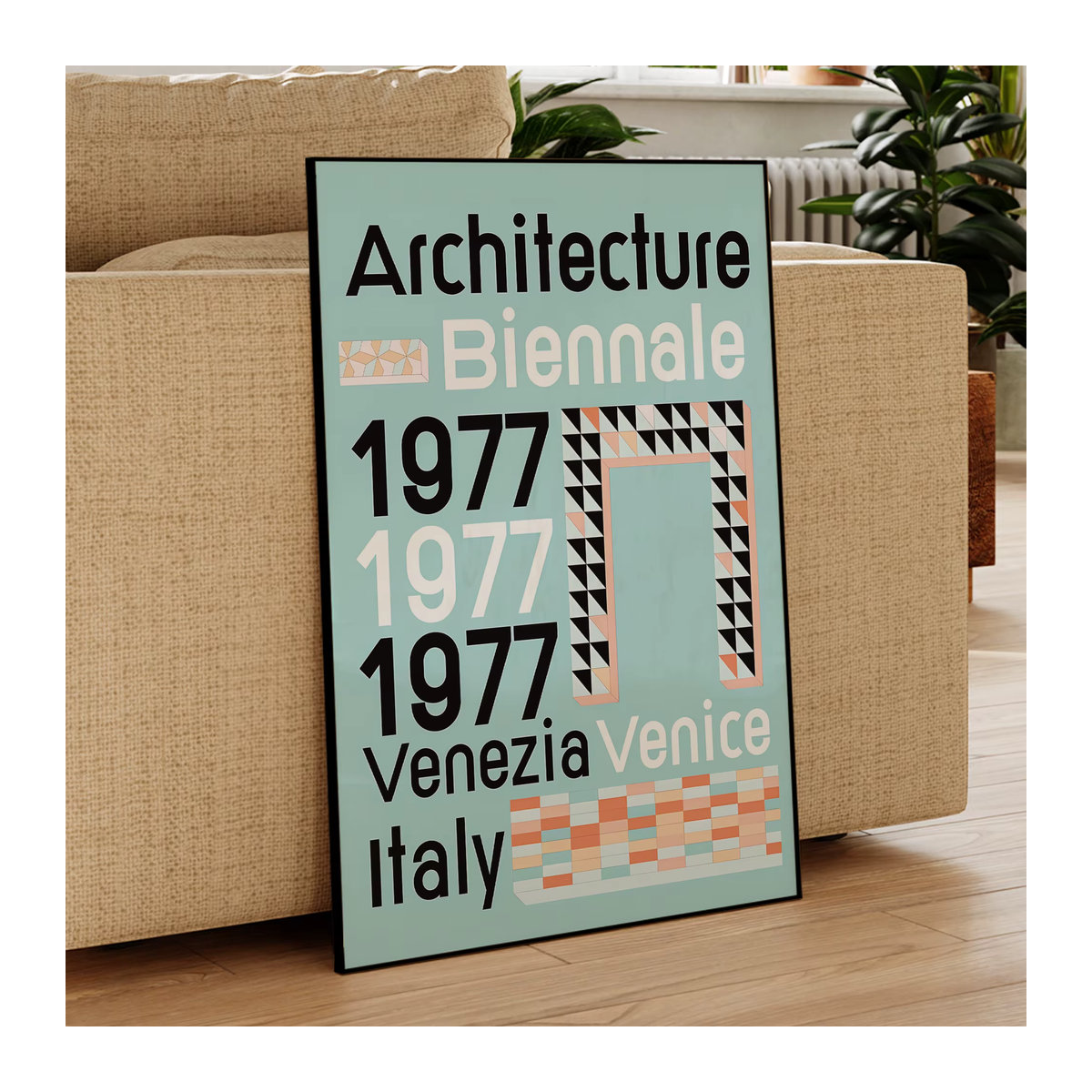 Bienenstock 1977 Wandkunst mit Aluminiumrahmen, Modernes Retro-Architektur Leinwandgemälde in Hochformat, Mehrfarbiges Poster mit Typografie und geometrischem Design - Bild 3