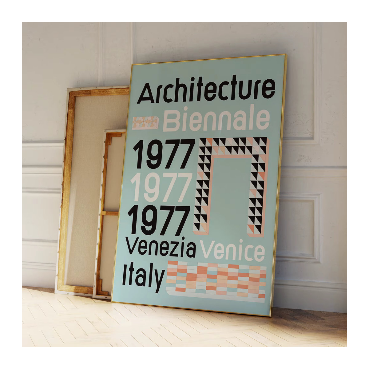 Bienenstock 1977 Wandkunst mit Aluminiumrahmen, Modernes Retro-Architektur Leinwandgemälde in Hochformat, Mehrfarbiges Poster mit Typografie und geometrischem Design - Bild 4