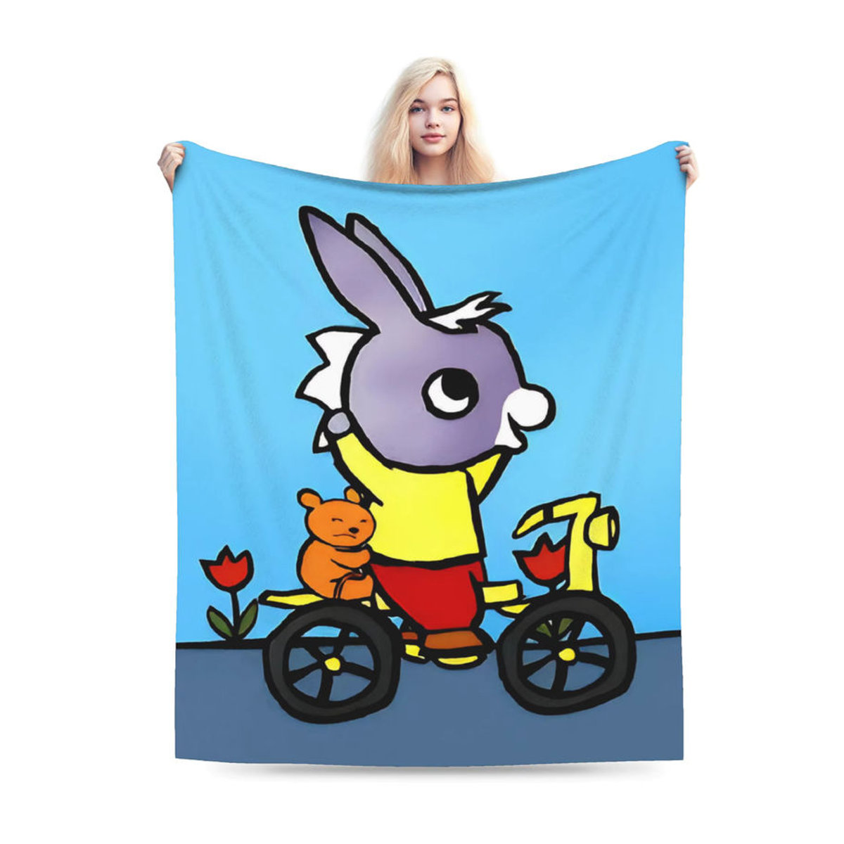 Bike Trotro Cartoon Strickdecke aus korallenfarbenem Fleece mit süßem Esel-Motiv als warme Plüsch-Überwurfdecke - Bild 3