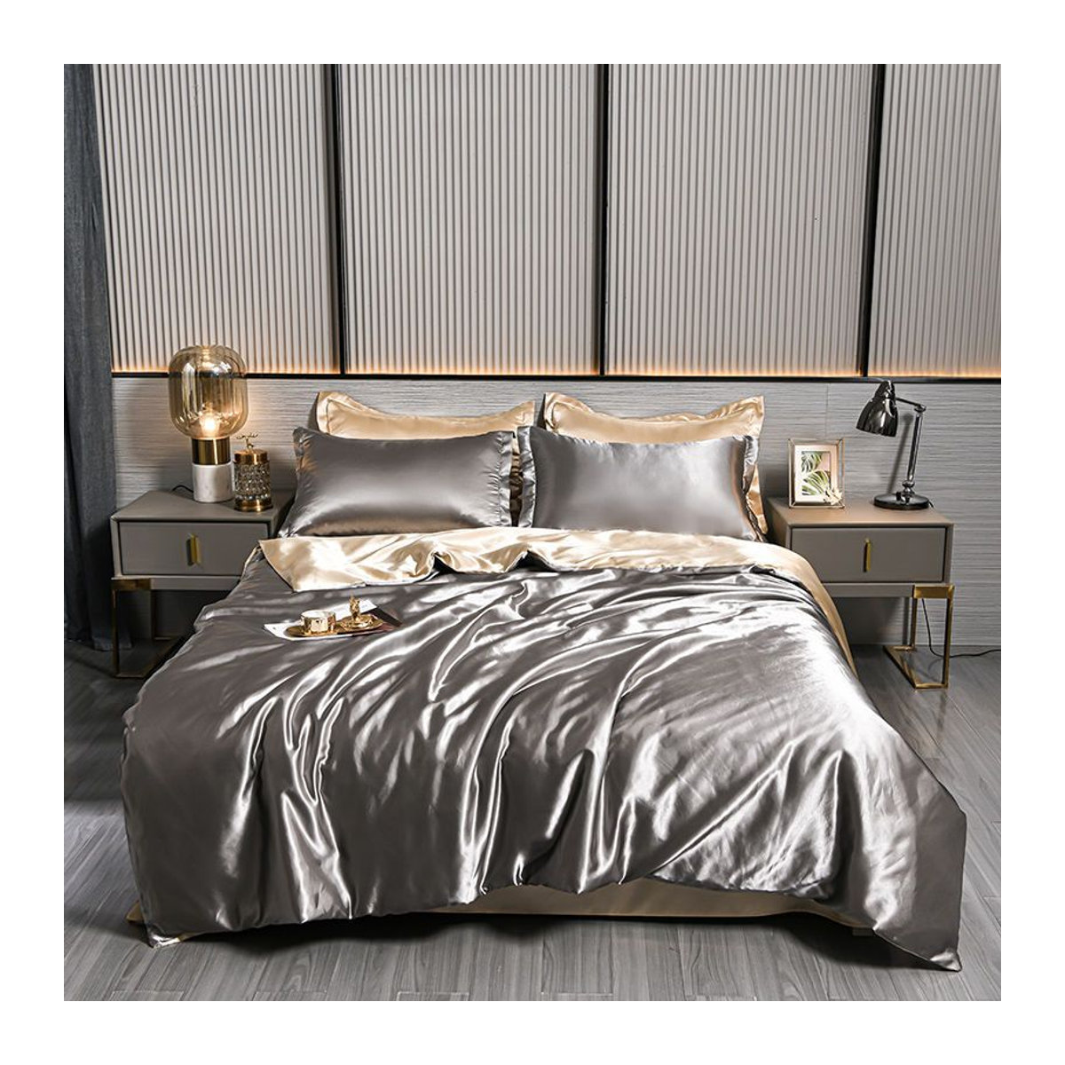 Bin Chi Textiles Luxus-Bettwäsche-Set aus natürlicher Maulbeerseide mit Spannbettlaken in Schwarz, 3-teilig, B/H: 150 x 200 cm - Bild 1