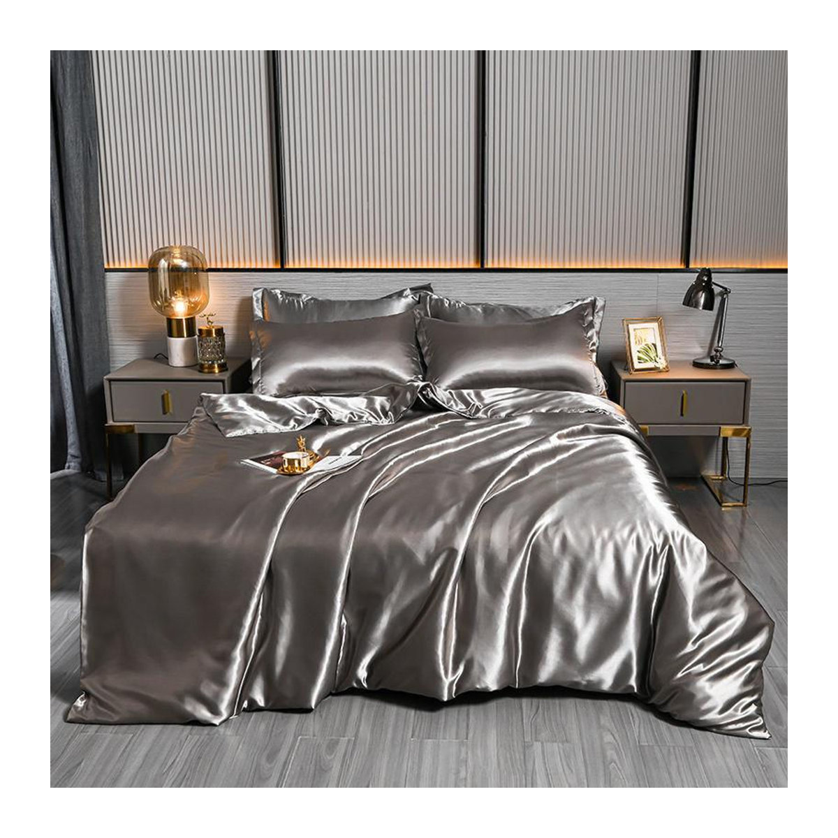 Bin Chi Textiles Luxus-Bettwäsche-Set aus natürlicher Maulbeerseide mit Spannbettlaken in Schwarz, 3-teilig, B/H: 150 x 200 cm - Bild 2