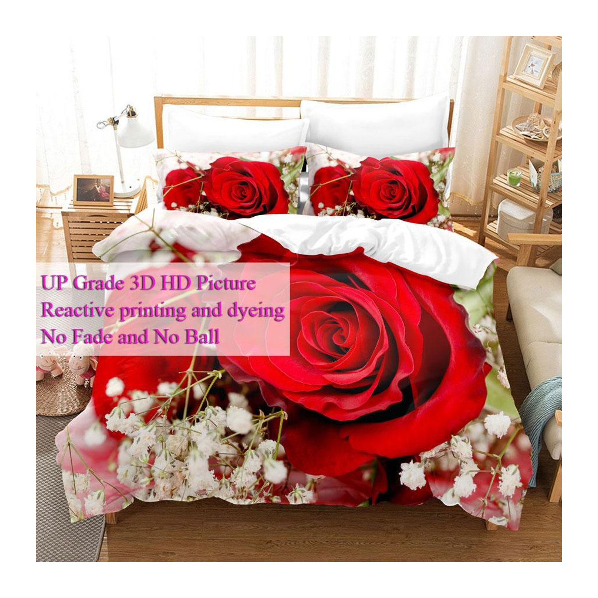 Binchi Fitness 3D Bettwäsche-Set mit roten Rosen und Kissenbezügen mit Reißverschluss - Bild 1