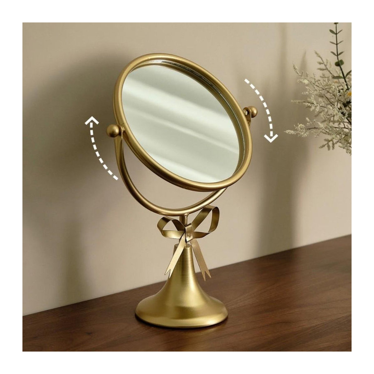 Binchi Health Technology Schminkspiegel mit 360 Grad Rotation, ovaler Metallrahmen in Gold, stehender Tischspiegel mit Schleifen-Design - Bild 1
