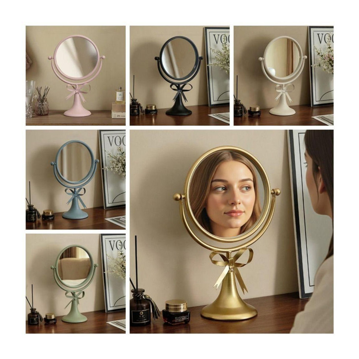 Binchi Health Technology Schminkspiegel mit 360 Grad Rotation, ovaler Metallrahmen in Gold, stehender Tischspiegel mit Schleifen-Design - Bild 3