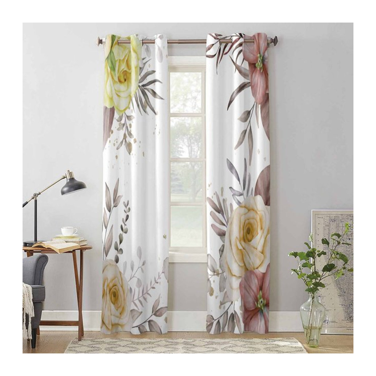 Binchi Outdoor Equipment Aquarell Blumen Fenstervorhang für Wohnzimmer und Küche, Farbe: Weiß, B: 135 cm, H: 60 cm - Bild 1
