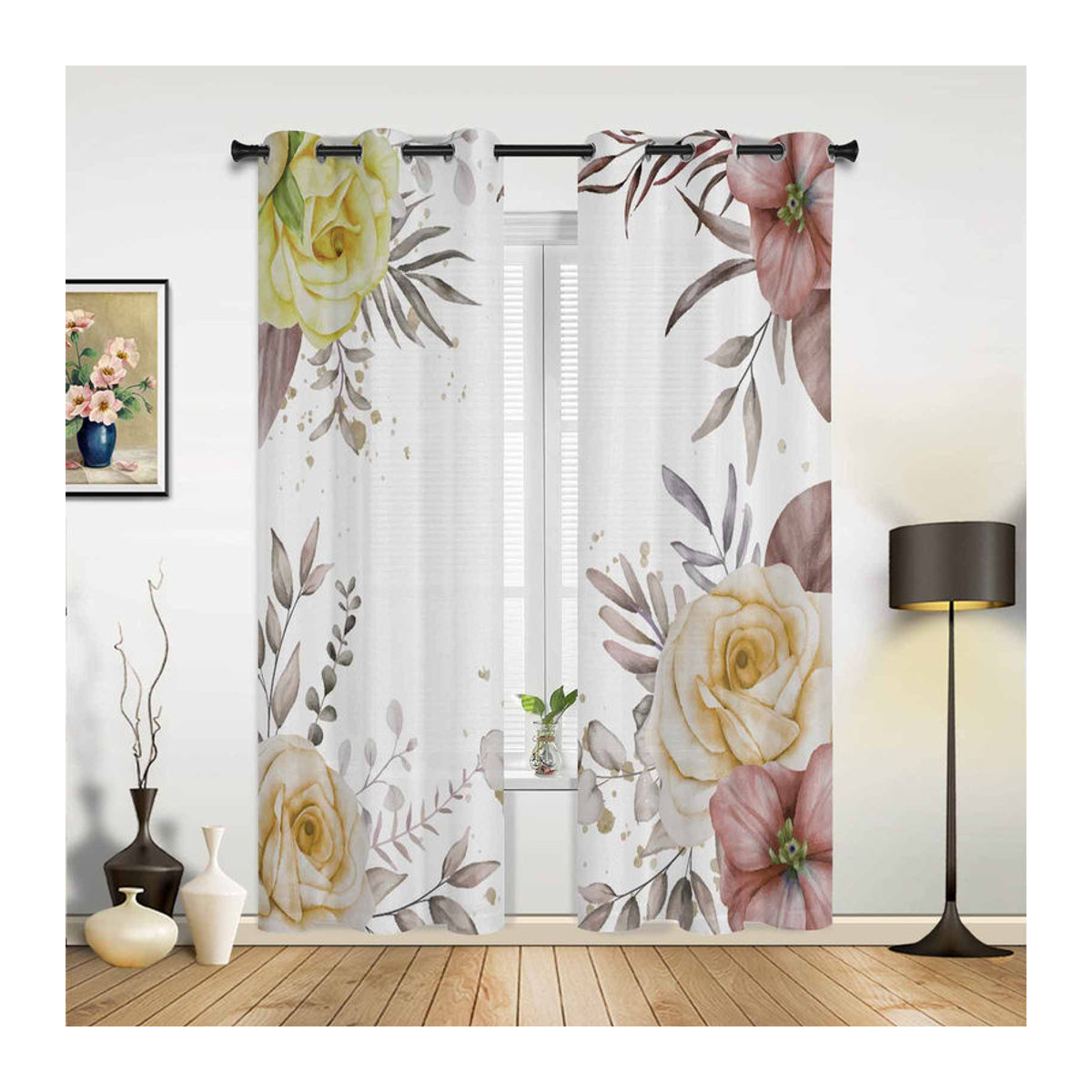 Binchi Outdoor Equipment Aquarell Blumen Fenstervorhang für Wohnzimmer und Küche, Farbe: Weiß, B: 135 cm, H: 60 cm - Bild 2