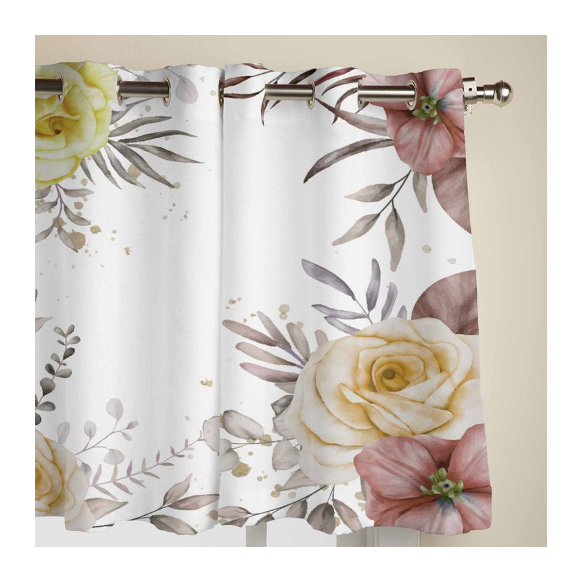 Binchi Outdoor Equipment Aquarell Blumen Fenstervorhang für Wohnzimmer und Küche, Farbe: Weiß, B: 135 cm, H: 60 cm - Bild 3