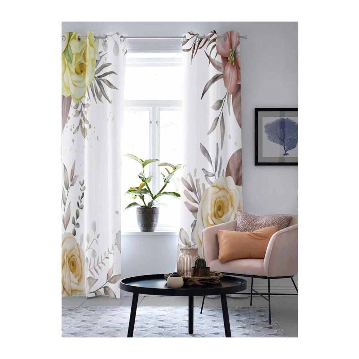 Binchi Outdoor Equipment Aquarell Blumen Fenstervorhang für Wohnzimmer und Küche, Farbe: Weiß, B: 135 cm, H: 60 cm - Bild 4