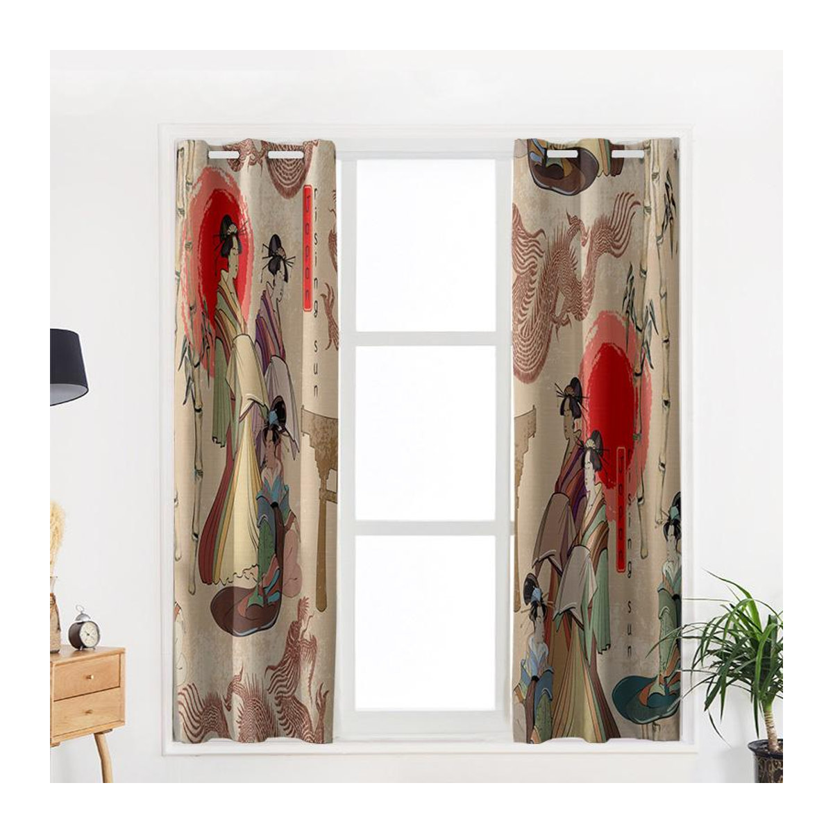 Binchi Outdoor Equipment Bambus-Fenstergardine Rote Sonne Frau Drache, mehrfarbig, semi-transparent, B: 135 cm, H: 60 cm - Bild 1