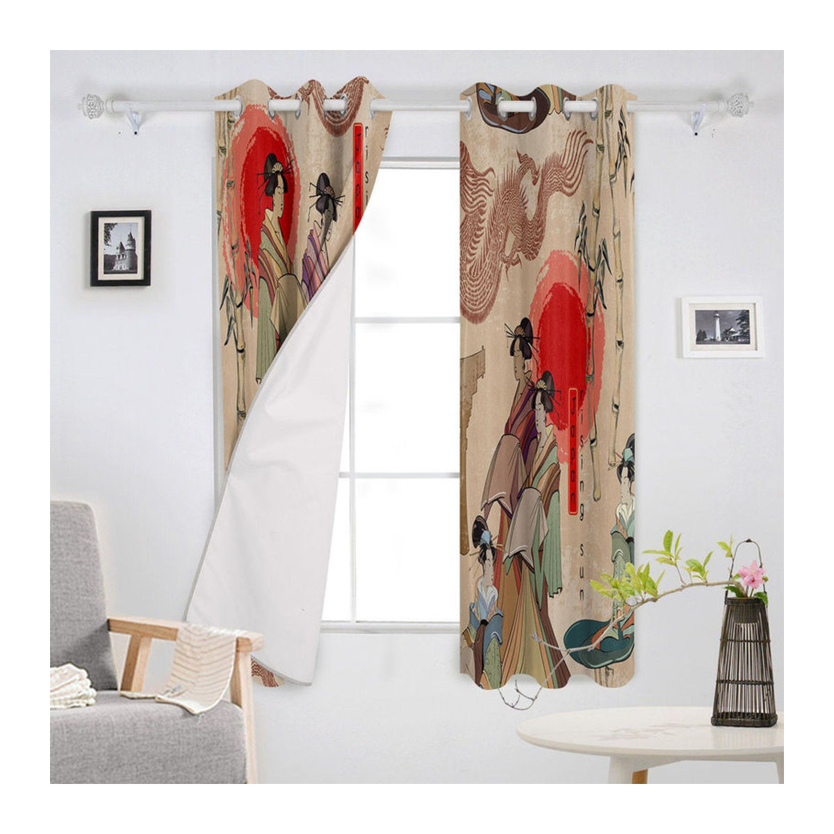 Binchi Outdoor Equipment Bambus-Fenstergardine Rote Sonne Frau Drache, mehrfarbig, semi-transparent, B: 135 cm, H: 60 cm - Bild 3