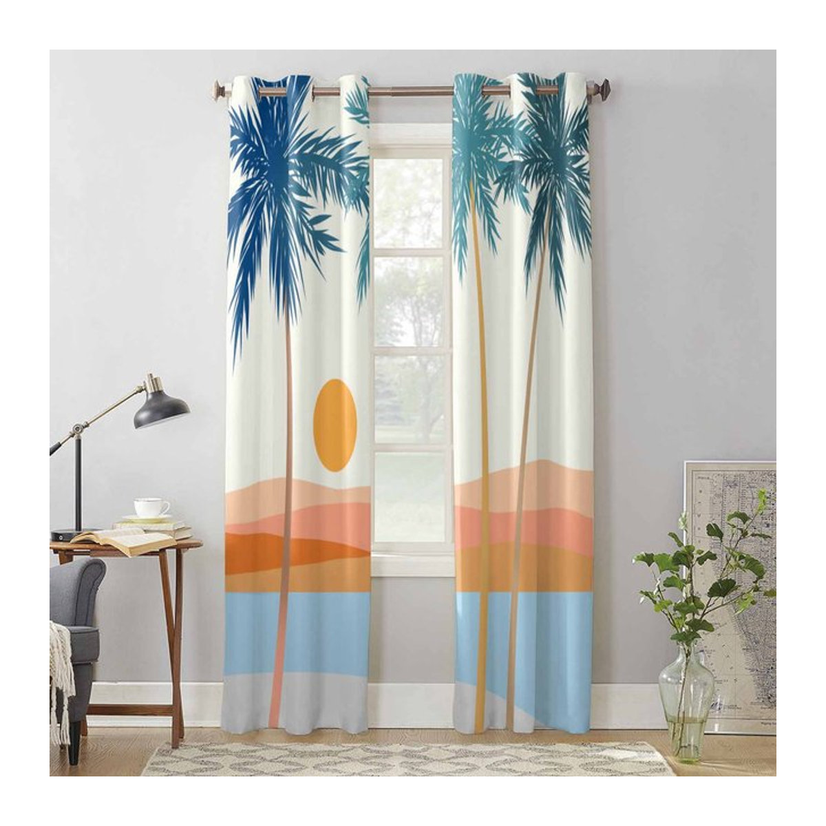 Binchi Outdoor Equipment Boho Fenster Vorhang mit abstraktem Sonnen- und Kokospalmen-Design, mehrfarbig, B: 135 cm, H: 92 cm - Bild 1