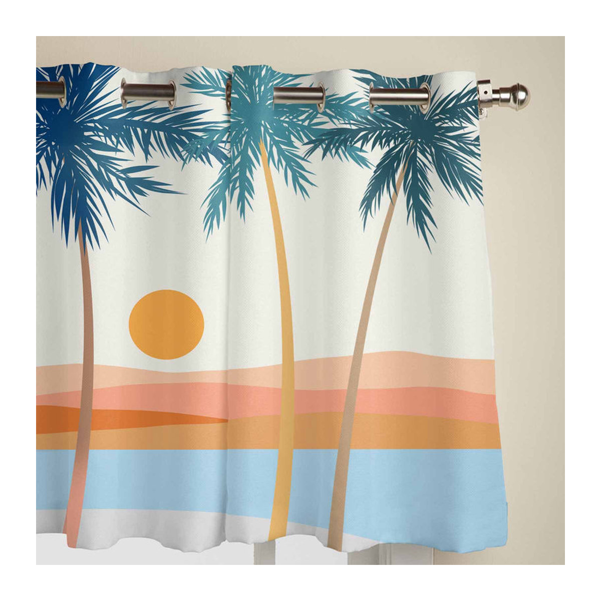 Binchi Outdoor Equipment Boho Fenster Vorhang mit abstraktem Sonnen- und Kokospalmen-Design, mehrfarbig, B: 135 cm, H: 92 cm - Bild 2
