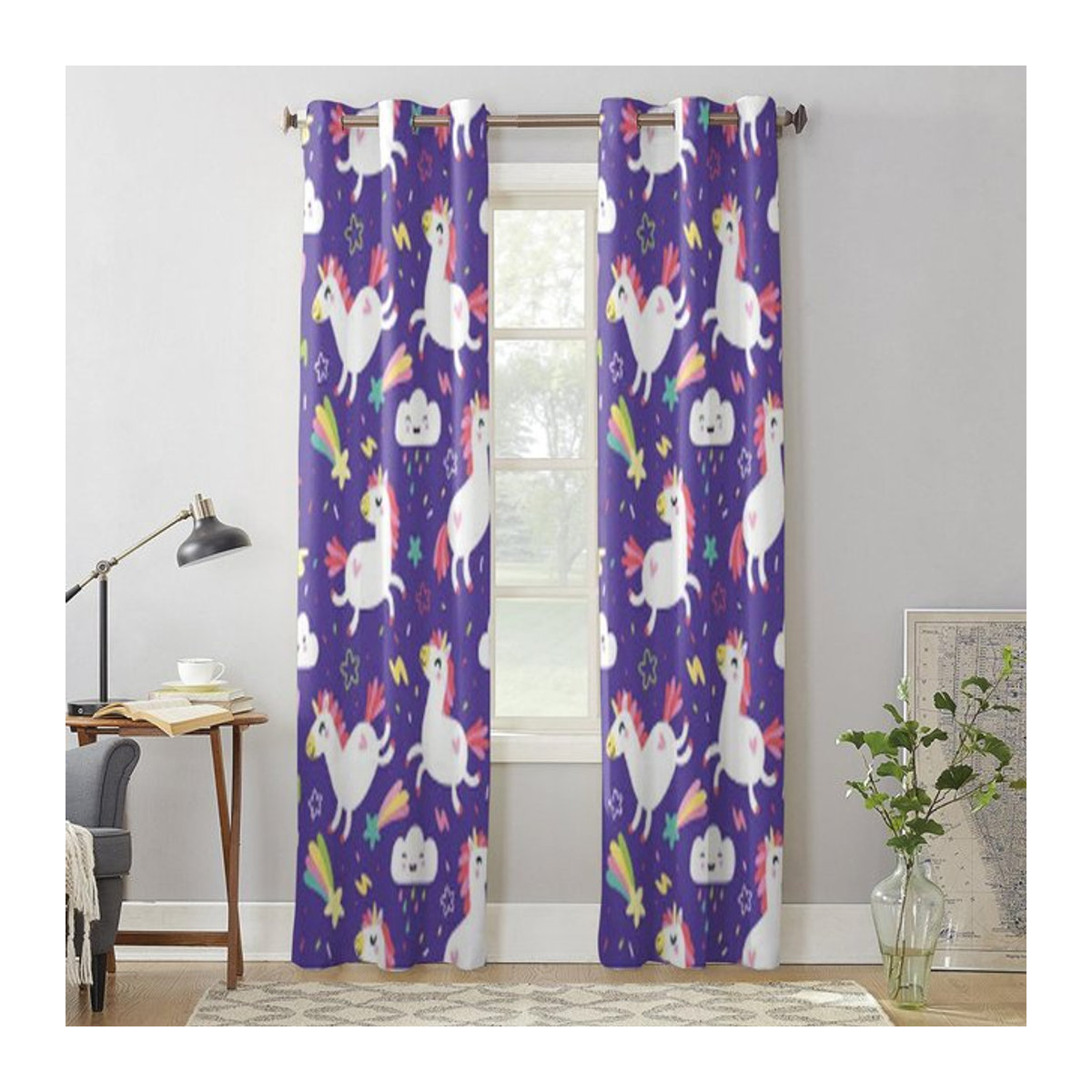 Binchi Outdoor Equipment Einhorn Fenstervorhang für Wohnzimmer und Schlafzimmer, Lila, Breite: 135 cm, Höhe: 60 cm - Bild 1