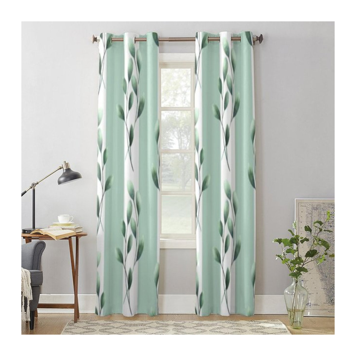 Binchi Outdoor Equipment Fenstergardinen mit grünem Blätter- und Streifenmuster, transparente Vorhänge für Wohnzimmer und Küche, Breite: 135 cm, Höhe: 60 cm - Bild 1