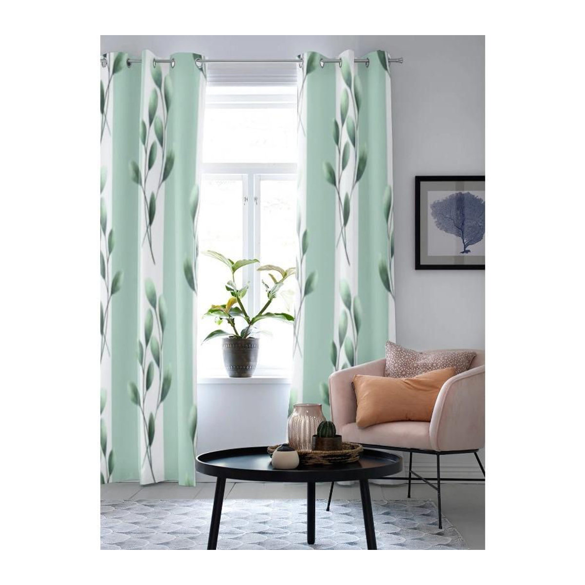 Binchi Outdoor Equipment Fenstergardinen mit grünem Blätter- und Streifenmuster, transparente Vorhänge für Wohnzimmer und Küche, Breite: 135 cm, Höhe: 60 cm - Bild 4