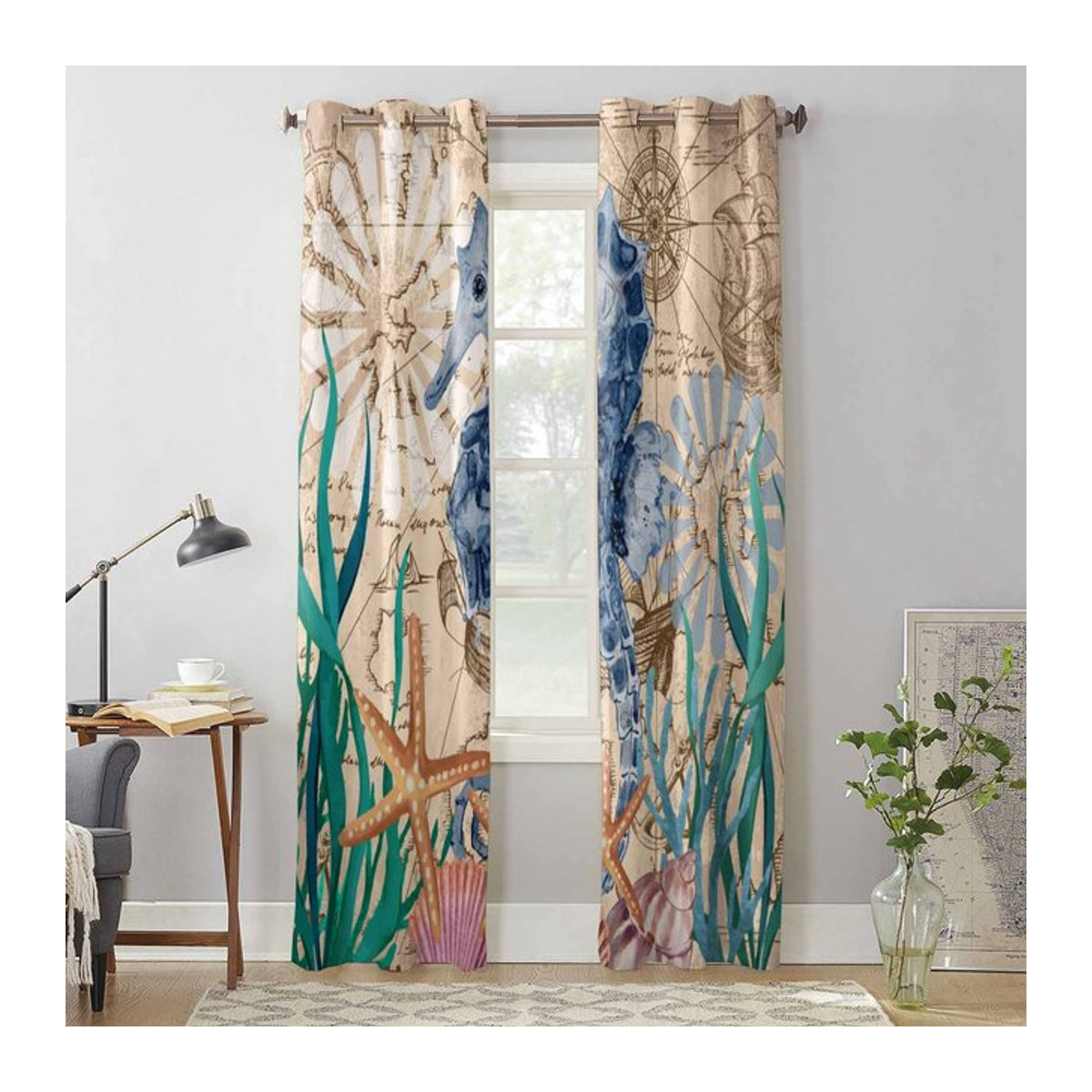 Binchi Outdoor Equipment Retro Fenster Vorhang mit Seepferdchen Seetang Seestern und Muschel Design, mehrfarbig, Breite: 135 cm, Höhe: 60 cm - Bild 1