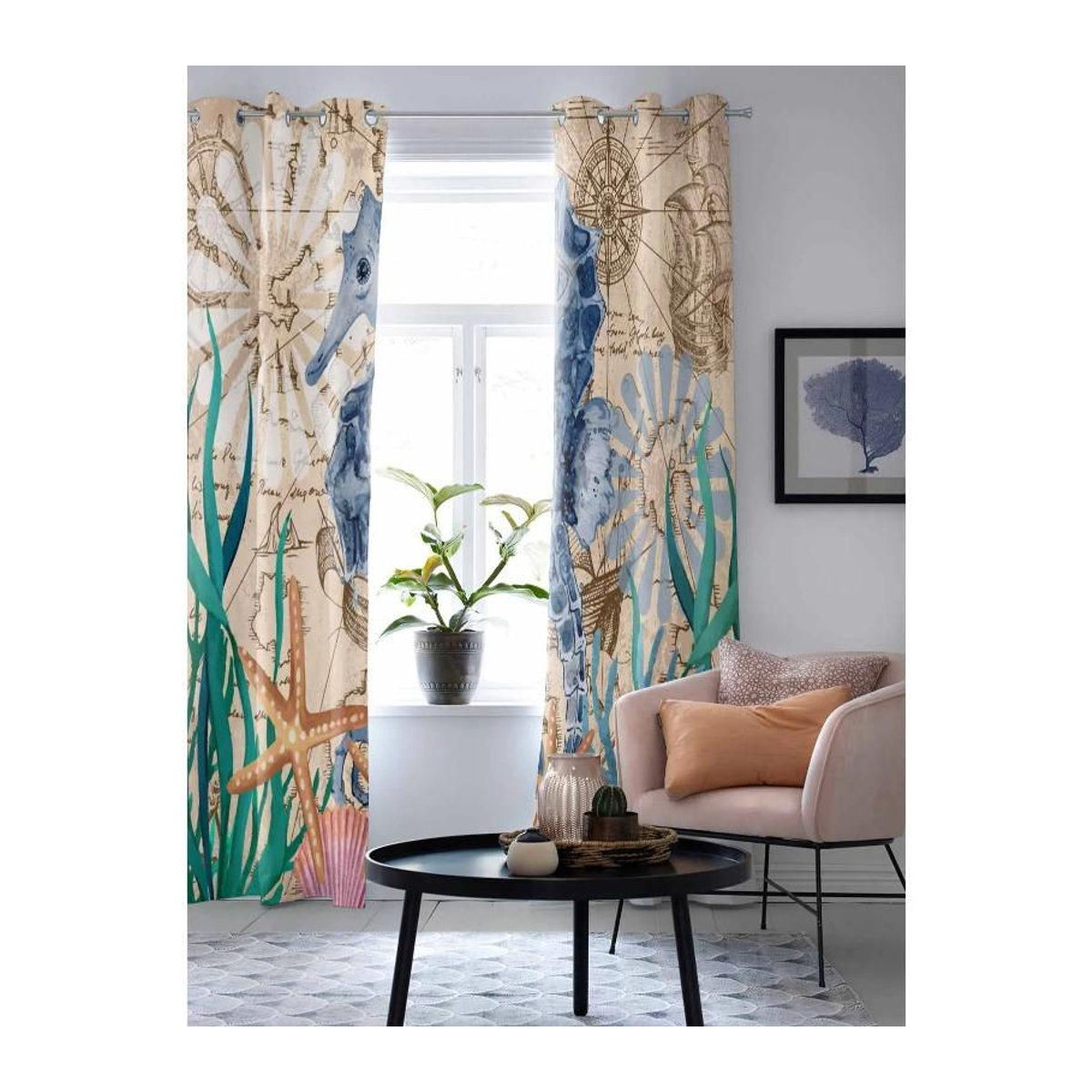 Binchi Outdoor Equipment Retro Fenster Vorhang mit Seepferdchen Seetang Seestern und Muschel Design, mehrfarbig, Breite: 135 cm, Höhe: 60 cm - Bild 2
