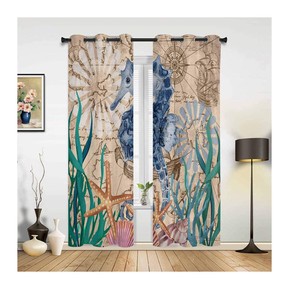 Binchi Outdoor Equipment Retro Fenster Vorhang mit Seepferdchen Seetang Seestern und Muschel Design, mehrfarbig, Breite: 135 cm, Höhe: 60 cm - Bild 3