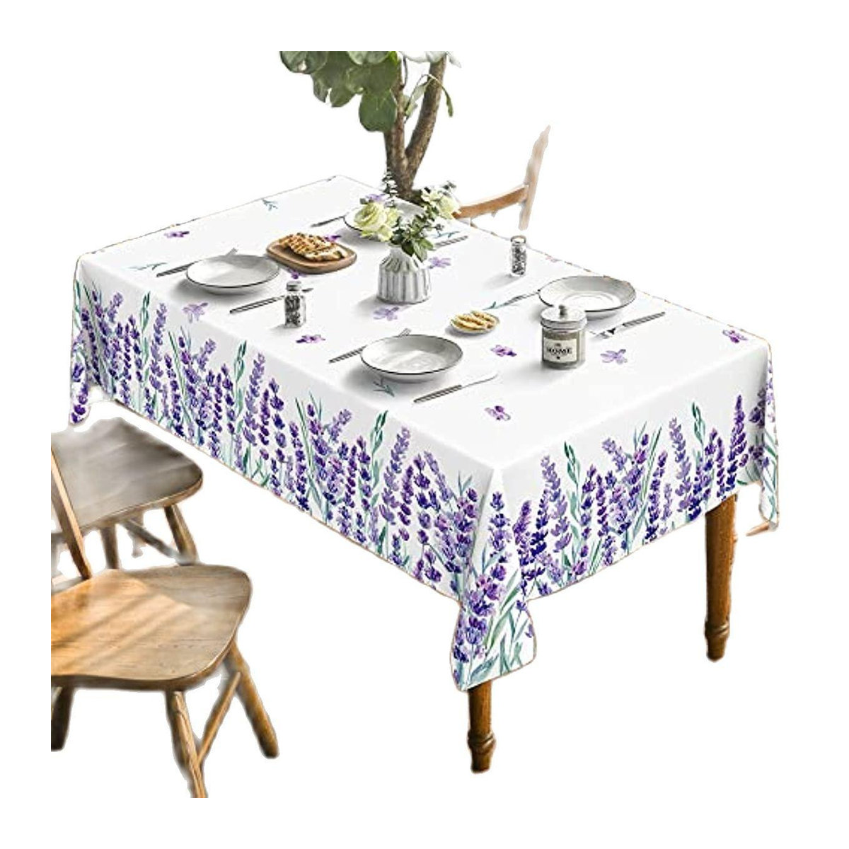 Binchi Outdoor Equipment Tischdecke mit lila Lavendel Muster in Weiß für Hochzeit, Party und Wohnzimmer, Rechteckig, Breite: 140-200 cm - Bild 2