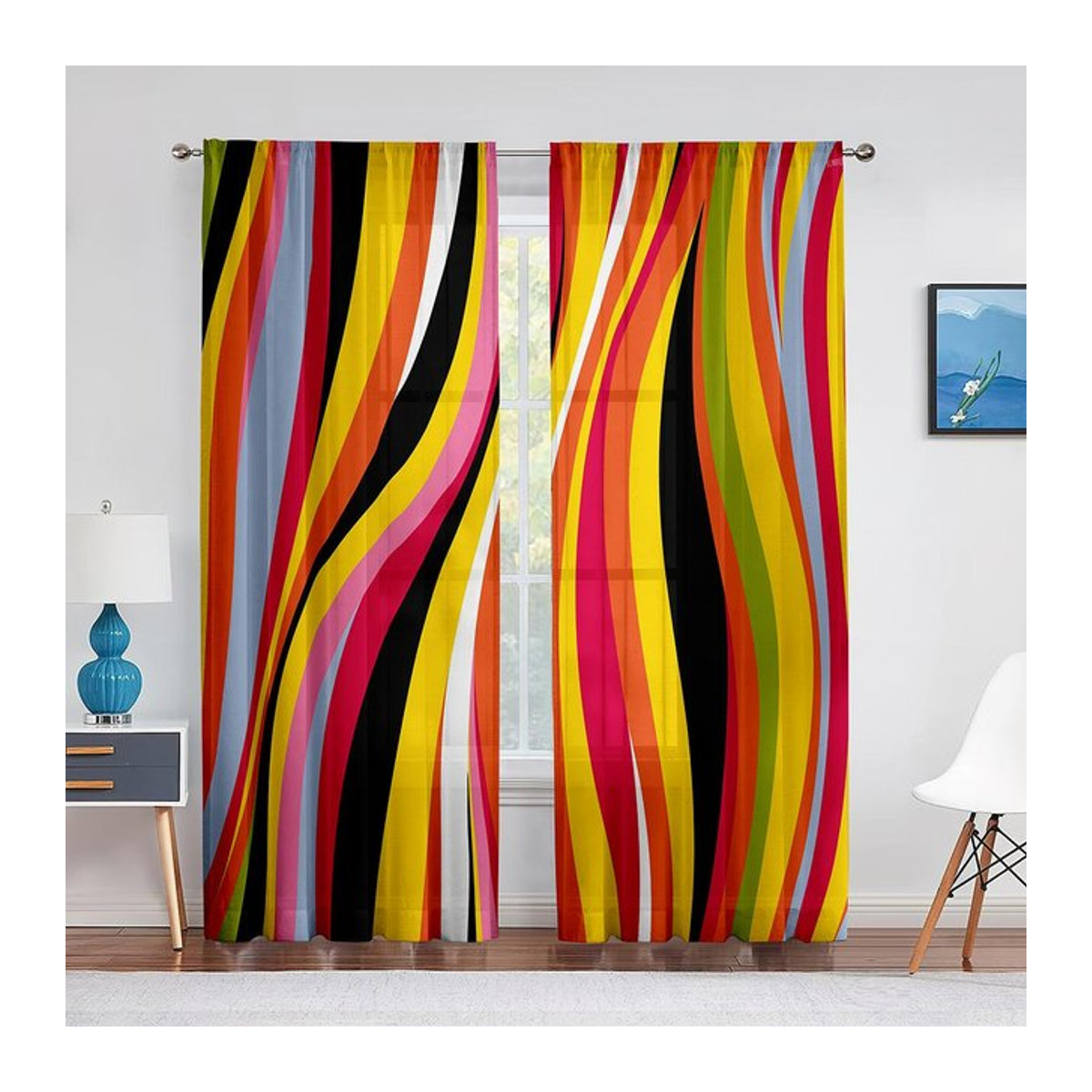 Binchi Outdoor Equipment Transparentes Tüllvorhang Design Abstrakte Geometrische Wellen Streifen Mehrfarbig B: 100 cm, H: 250 cm - Bild 1