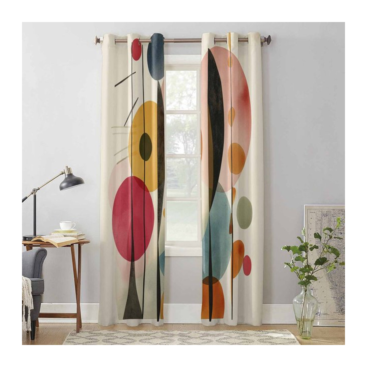 Binchi Outdoor Equipment Vorhänge mit abstraktem Vintage Geometrie Ölgemälde Design, halbtransparent, mehrfarbig, B: 70 cm, H: 100 cm, 2er Set - Bild 1