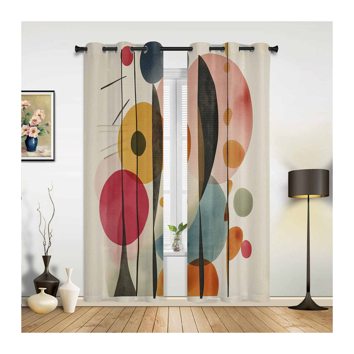 Binchi Outdoor Equipment Vorhänge mit abstraktem Vintage Geometrie Ölgemälde Design, halbtransparent, mehrfarbig, B: 70 cm, H: 100 cm, 2er Set - Bild 2