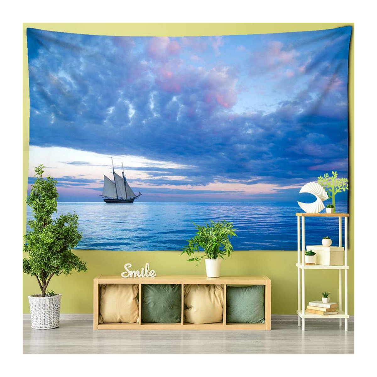 Binchi Outdoor Equipment Wandbehang mit maritimem Wolken- und Bootsmotiv in Blau, Textil-Wanddekoration Landschaft, B/H: 95 x 70 cm - Bild 3