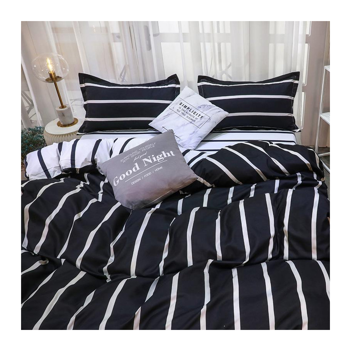 Binchi Outdoor Product 3-teiliges Hotel-Bettbezug-Set aus Mikrofaser mit vertikalen Streifen in Schwarz-Weiß, B/H: 200 x 200 cm - Bild 1