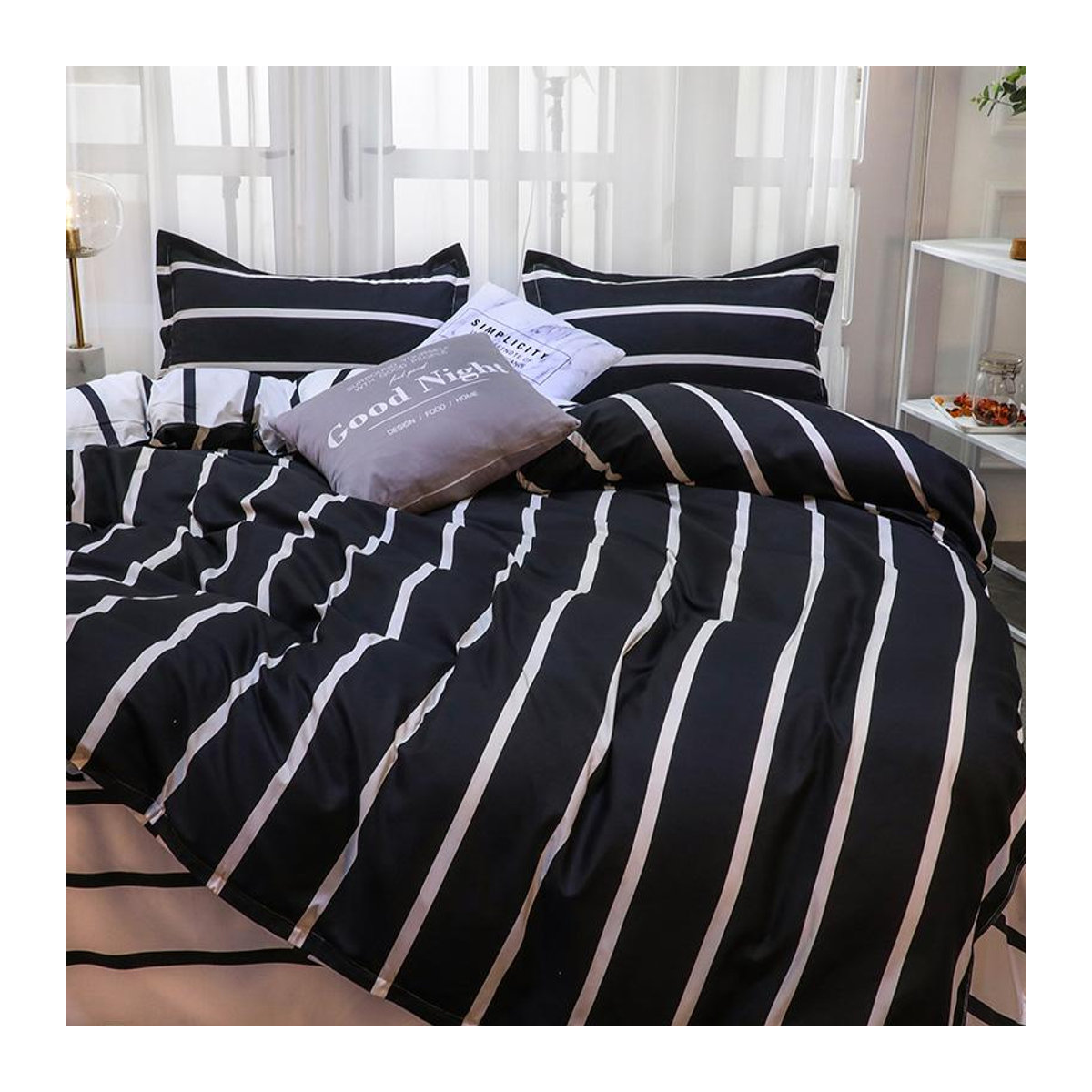 Binchi Outdoor Product 3-teiliges Hotel-Bettbezug-Set aus Mikrofaser mit vertikalen Streifen in Schwarz-Weiß, B/H: 200 x 200 cm - Bild 2