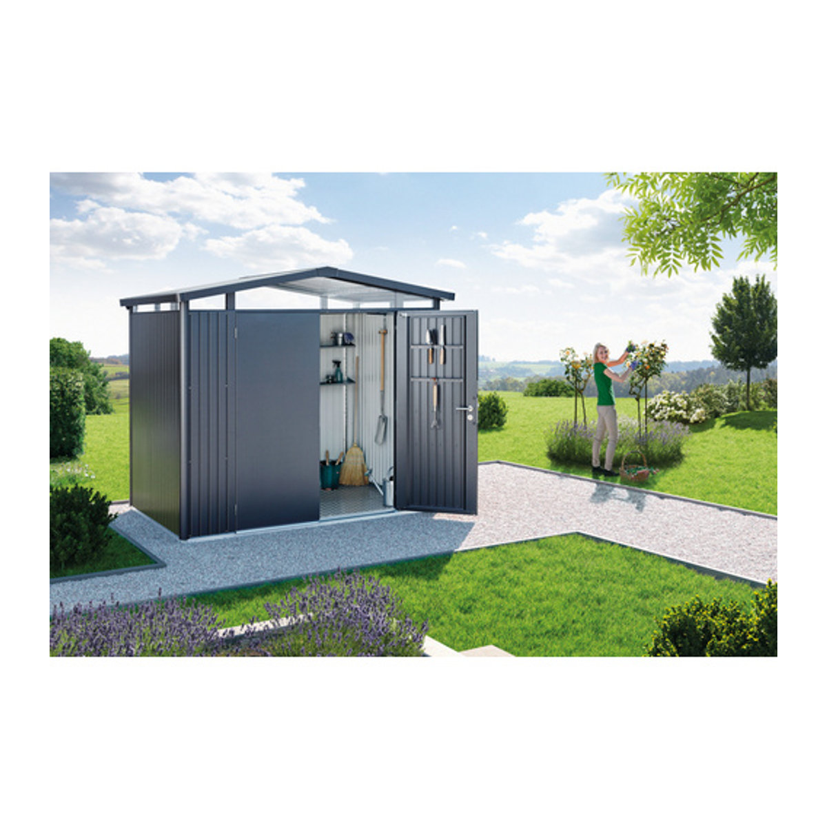 Biohort Gerätehaus Panorama aus Metall in Grau mit Außenmaßen B: 273 cm, H: 227 cm, T: 198 cm - Bild 2